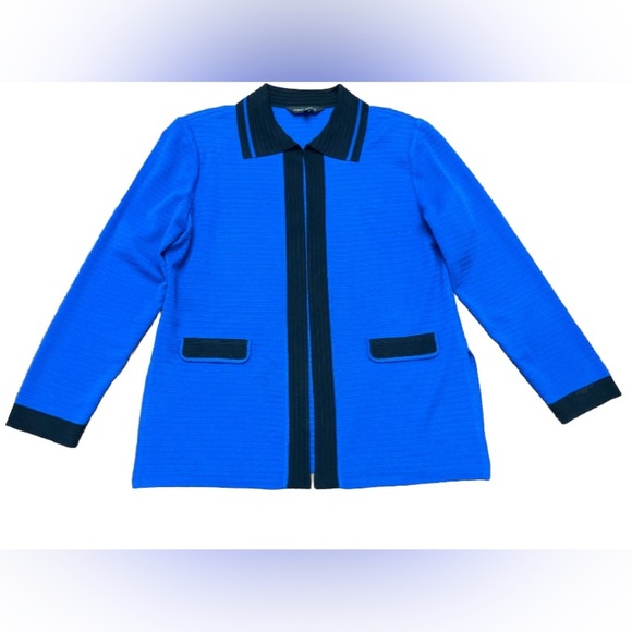 Ming Wang Knit Cardigan Size Large Royal Blue Black Trim Open Business Collar - Picture 1 of 14